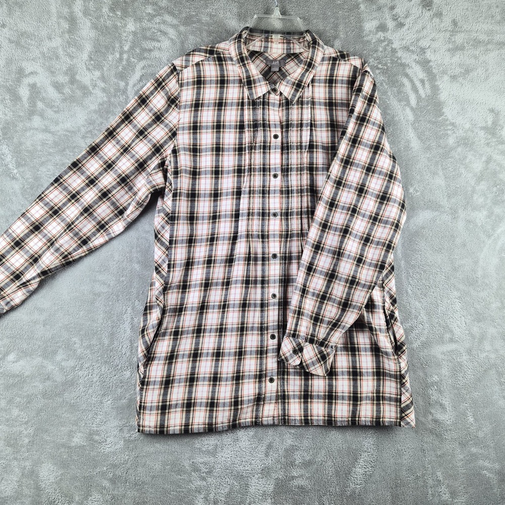 J Jill Tunic Shirt Large Plaid Tartan Button Front Pleated Pockets Layering Fall